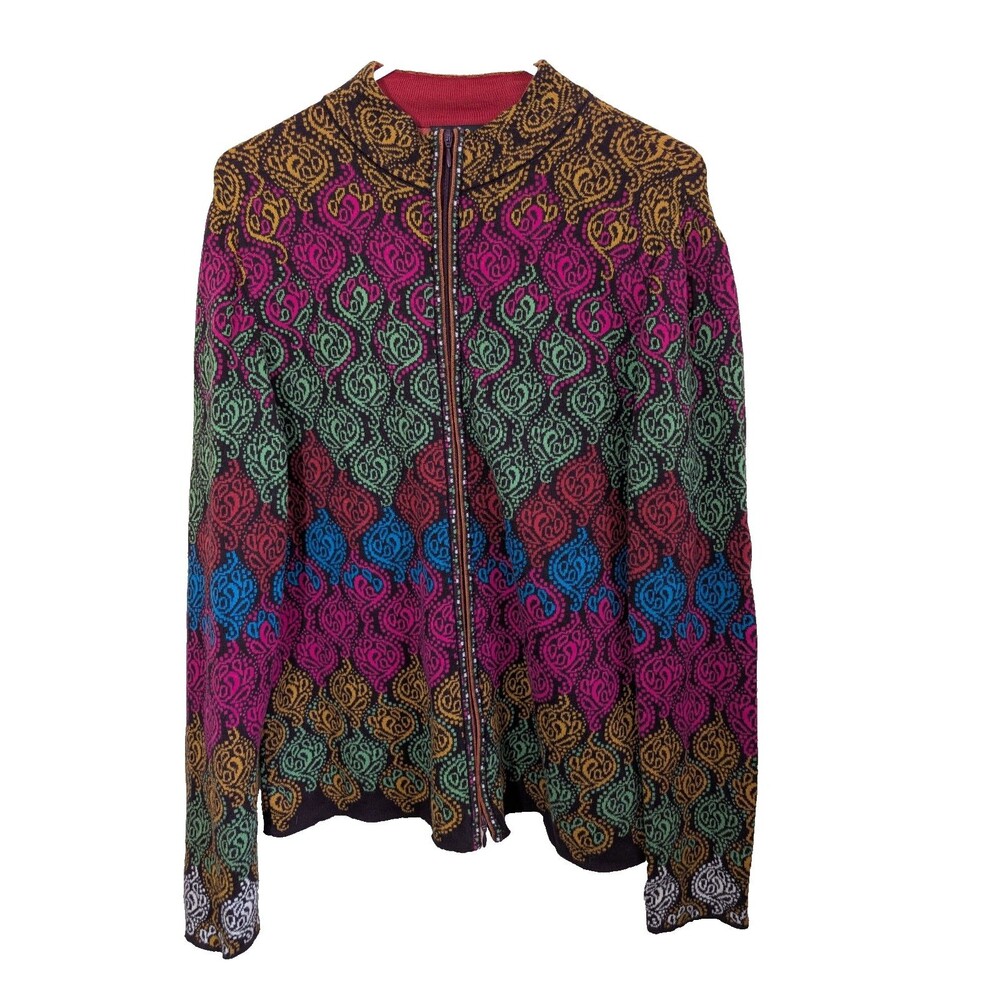 Ivko Women's Geometric Pattern Jacket Sweater Full Zip Knit 100% Cotton 40 Large